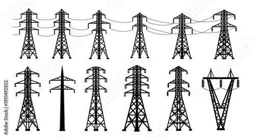 Silhouetted Power Line Towers - A Collection of Electrical Infrastructure.