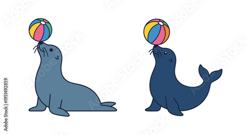 Two cartoon seals balancing colorful balls on their noses