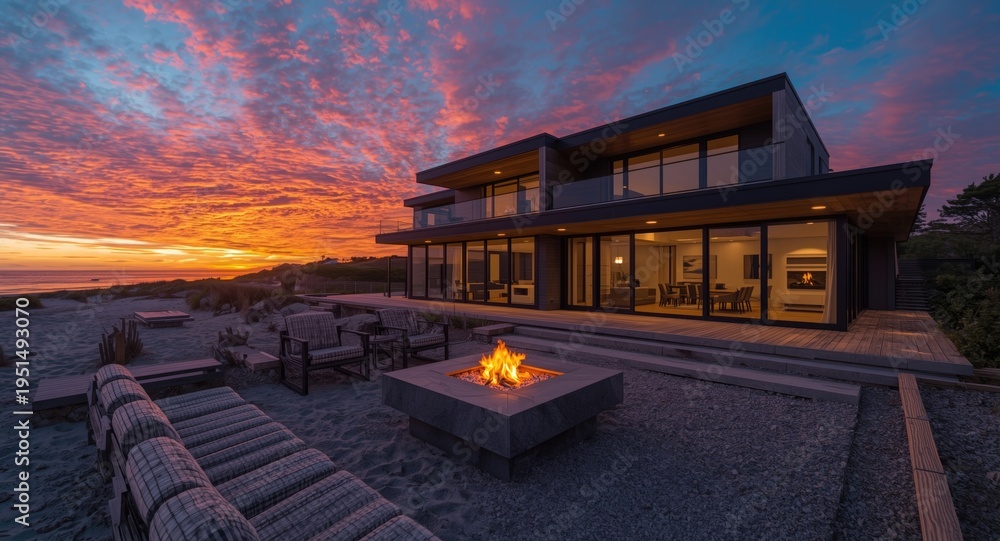 Fototapeta premium Modern architectural beach residence with a warm fire pit during vibrant sunset skies