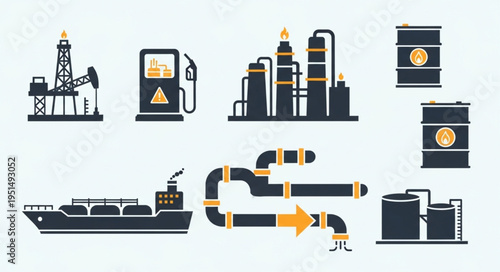 Oil and Gas Industry - Extraction, Processing, and Transportation Icons.