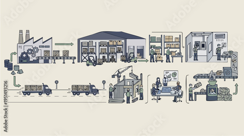 Manufacturing and Assembly Line Process with Factory Workers and Machinery in Industrial Production Environment