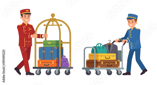 Hotel bellhops transporting luggage for guests with rolling carts
