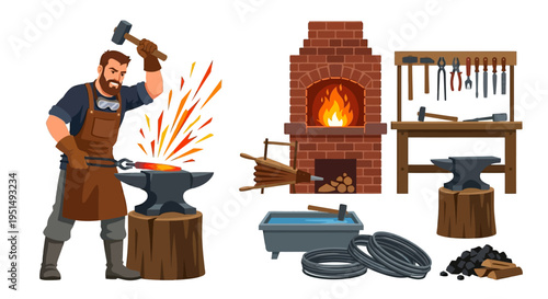 A blacksmith forging metal with sparks flying near a brick furnace