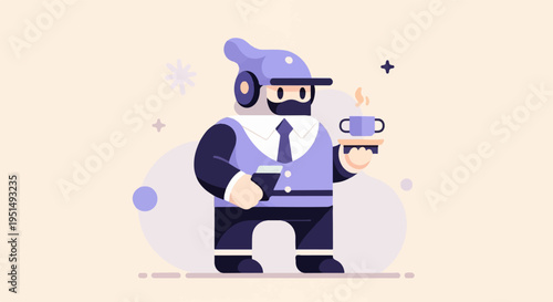 Cartoon figure in formal attire offers a steaming cup of coffee
