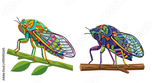 Two brightly colored cicadas perched on green stems and a branch