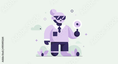 Cartoon figure in shades holds magnifying glass among stylized plants and clouds
