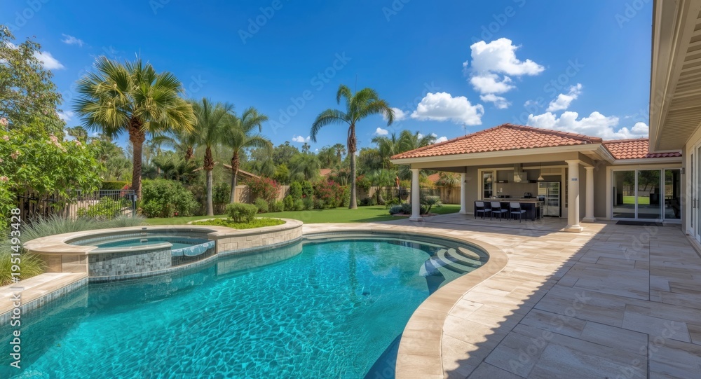 Fototapeta premium Luxury backyard design including a curved pool open kitchen and garden gazebo