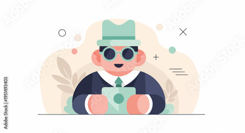 Cartoon figure with a hat and sunglasses holding a camera