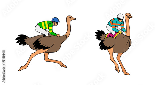 Cartoon illustration of two jockeys riding racing ostriches