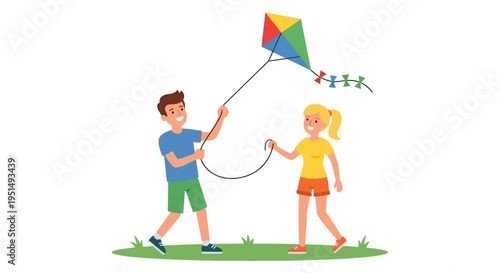 Children joyfully flying a colorful diamond kite outdoors on a sunny day