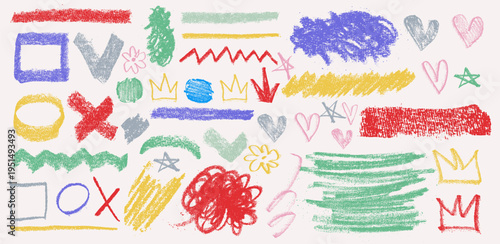 Set of fun doodle shapes drawn with colorful chalk or charcoal. Hand drawn childish style elements with lines, dots, crowns and squiggles. Grunge cute girly doodle vector symbols.