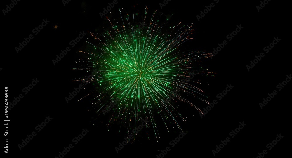 Fototapeta premium Dynamic green fireworks explosion on a black canvas offering ample negative space
