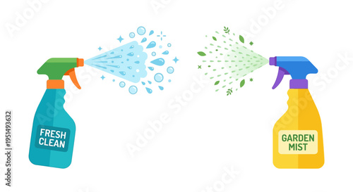 Two spray bottles releasing mist one labeled fresh clean the other garden mist