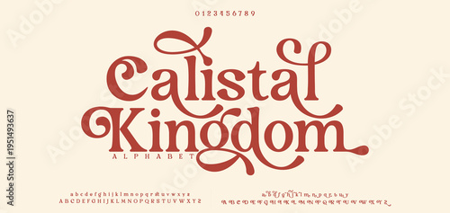 Calistal Kingdom premium luxury elegant alphabet letters and numbers. Elegant wedding typography classic serif font decorative vintage retro. Creative vector illustration