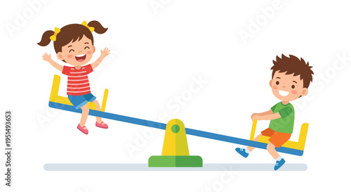 Two happy children playing together on a colorful seesaw outdoors