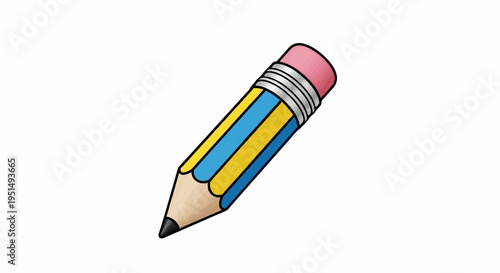 Cartoon pencil with yellow and blue stripes and a pink eraser