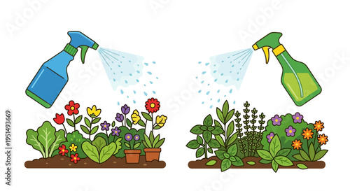 Two garden scenes showing flowers and plants being watered with spray bottles