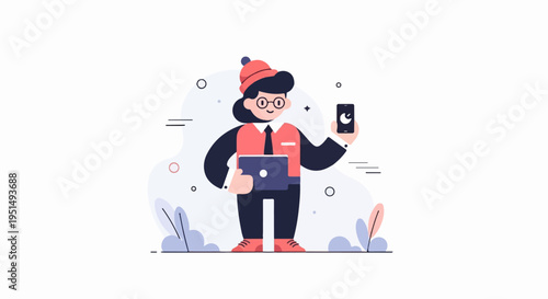 Cartoon person holding laptop and phone, wearing hat and glasses