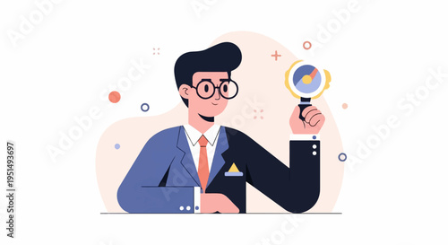 Businessman with glasses examining a magnifying glass in a stylized setting