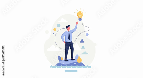 Businessman reaches for a bright idea lightbulb above abstract shapes and water