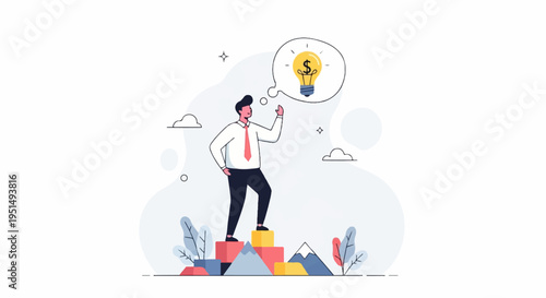 Businessman on steps, thinking of a money-making idea