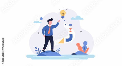 Businessman reaches for an illuminated idea bulb floating above a creative path