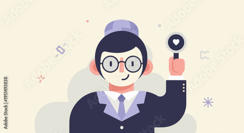 Cartoon person in a suit holds a magnifying glass with a heart