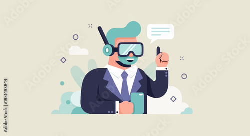 Businessman in VR headset holds phone, gestures idea