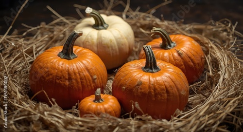 Inviting fall decoration with pumpkins surrounded by straw