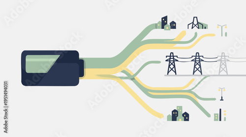 Smart electricity meter connected to power lines and energy infrastructure illustrating energy distribution and utility monitoring technology