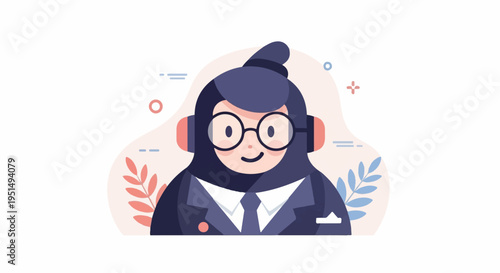 Cartoon person in suit and headphones with floral background elements