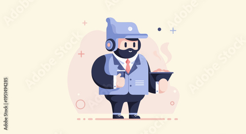 Cartoon character in a chef's hat and suit holds food and a drink