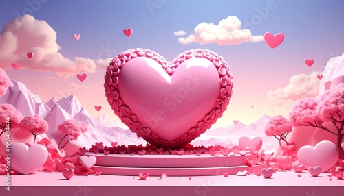 Heart-shaped pedestal, pink landscape, pastel colors