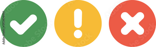 Notification icon set, minimalist vector icons for UI design including success checkmark warning exclamation and failure X symbols for digital applications.