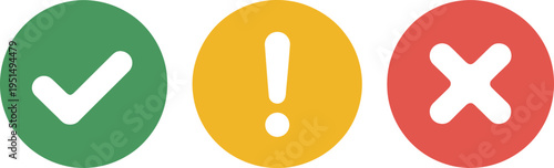 Notification icon set, simple vector user interface icons featuring green checkmark for success yellow exclamation point for warning and red X for failure.