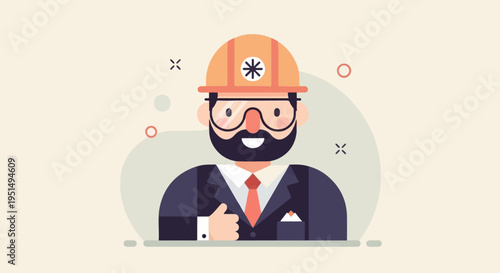 Cartoon man in hard hat and suit gives thumbs up, with graphic elements