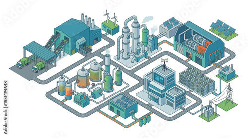 Industrial factory complex with various buildings and machinery.