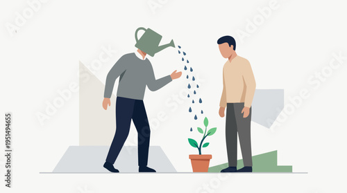 Two men caring for a young plant, one watering it with a watering can, representing growth, nurturing, and environmental sustainability in a minimalistic style