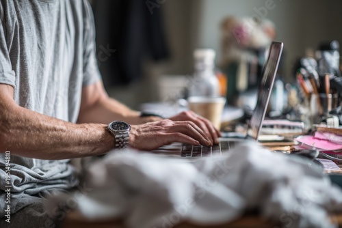 Wallpaper Mural Person working on laptop at messy desk chaotic home office stress productivity concept Torontodigital.ca