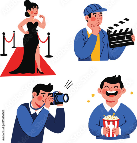 Set of Movie Industry Characters Featuring Actress on Red Carpet, Film Director with Clapperboard, Photographer, and Happy Cinema Audience with Popcorn - Flat Vector Illustration