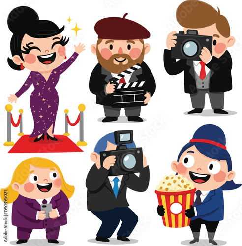 Film Festival Celebration with Red Carpet Movie Stars, Paparazzi Photographers and Director Characters Illustration