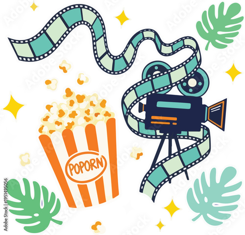 Movie night concept with cinema projector film reel and popcorn for film festival or world cinema day celebration