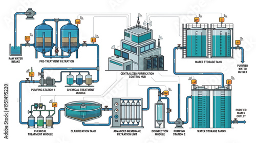 Industrial wastewater treatment process diagram.