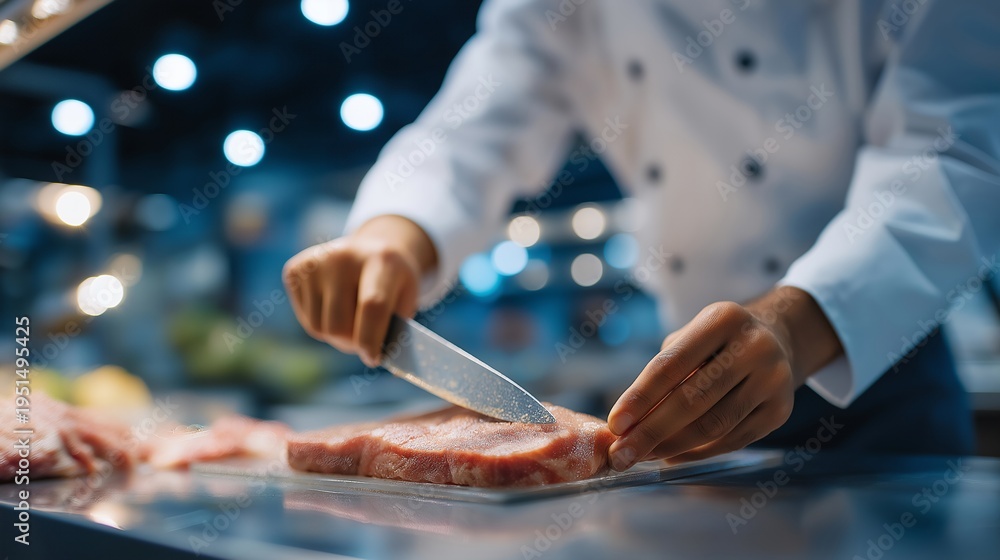 Fototapeta premium Single food safety professional swabbing stainless surfaces for bacterial testing in meat processing facility, hygiene protocol enforcement, perfect for food industry keywords, and modern quality