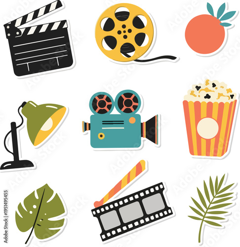 Cinema and Movie Production Sticker Set with Tropical Summer Elements for Film Festival and Entertainment Design