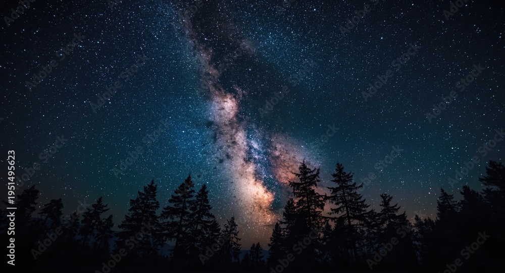 Fototapeta premium milky way galaxy glowing above sharp tree shadow outlines in a serene long exposure photo