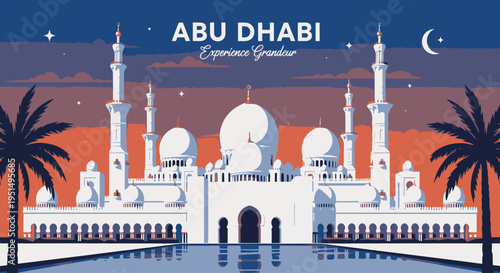 Abu Dhabi Mosque Skyline at Sunset with Palm Trees