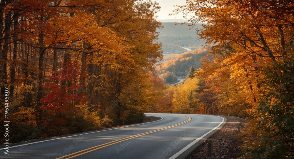 Fototapeta premium Nostalgic artwork depicting a winding highway for a scenic fall road trip through a warm autumn setting