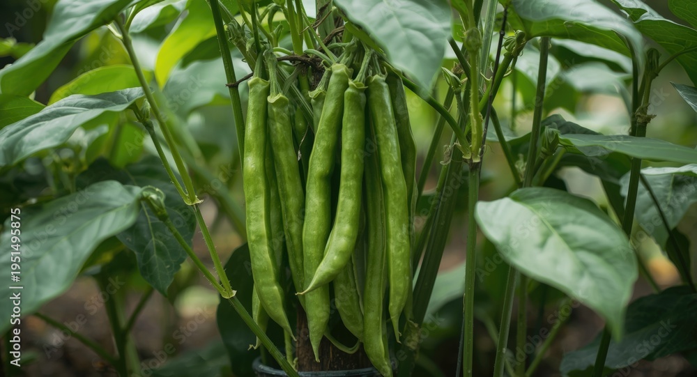 Fototapeta premium Organic pole beans flourishing in outdoor vegetable patch