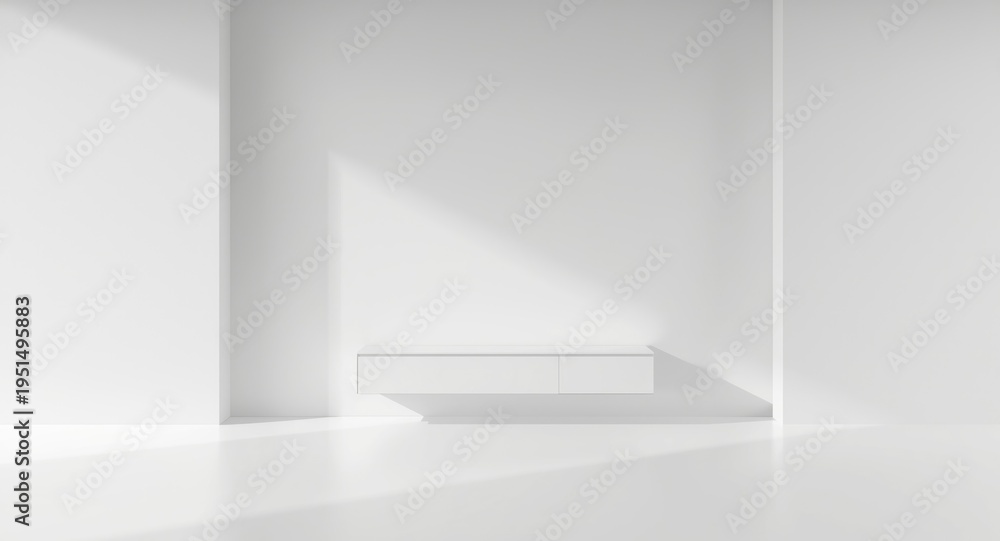 Obraz premium Sleek modern room setup featuring a television cabinet on a smooth white wall background rendered in 3D